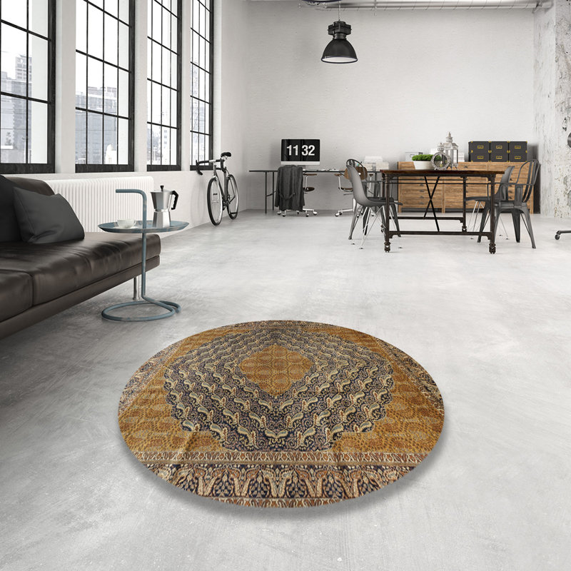 Tapis jaune à motif cachemire, Rond 5 pi