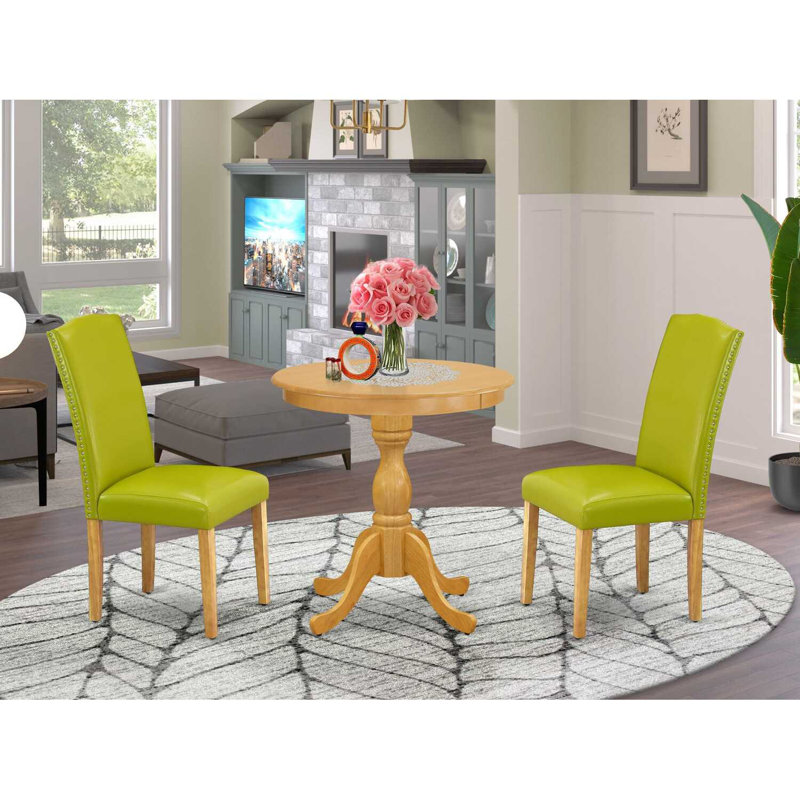 3-Piece Black and Cherry Finish Solid Wood Top - Upholstered Dining Room Set with High Back - (Seats-4), Natural Oak, Green