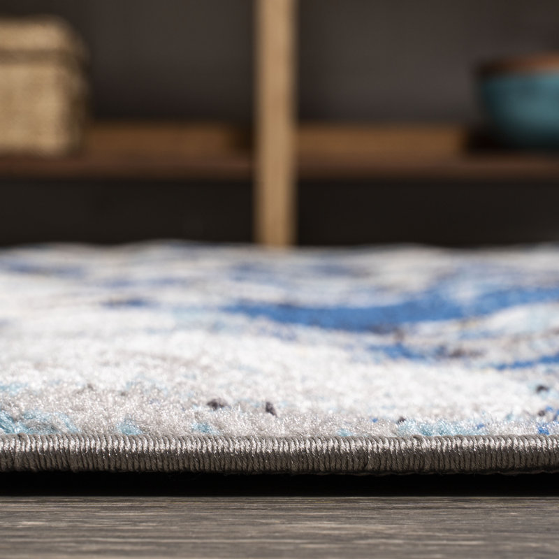 Strausstown Marbled Abstract Dark Gray/Blue Rug, Rectangle 5'3" x 7'6"