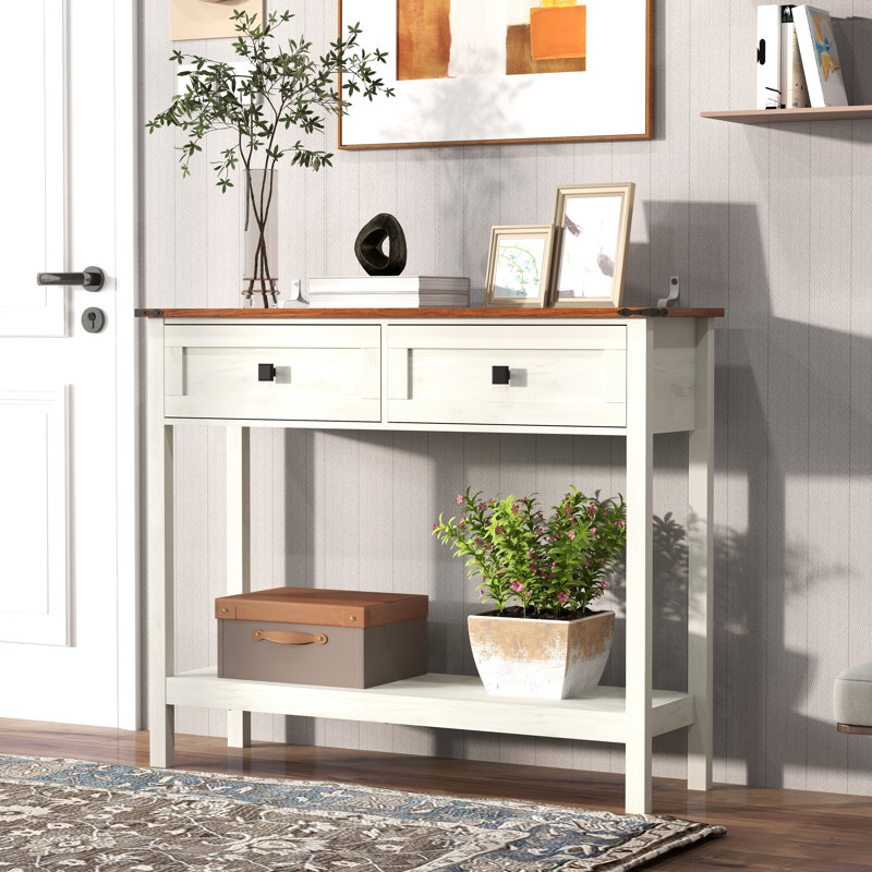 Farmhouse Style Console Table With 2 Drawer And Bottom Storage Shelf For Entryway, Rustic Side Table With Storage Drawer And Shelf For Living Room, Hallway