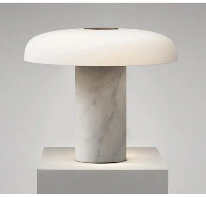  Lampe de table champignon avec base en marbre et abat-jour en verre givré, lumière chaude et douce, Blanc