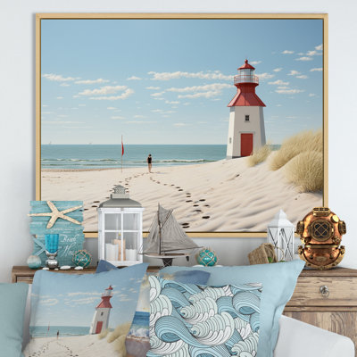 " Red Light House Beach Distant Horizon Sailboat "