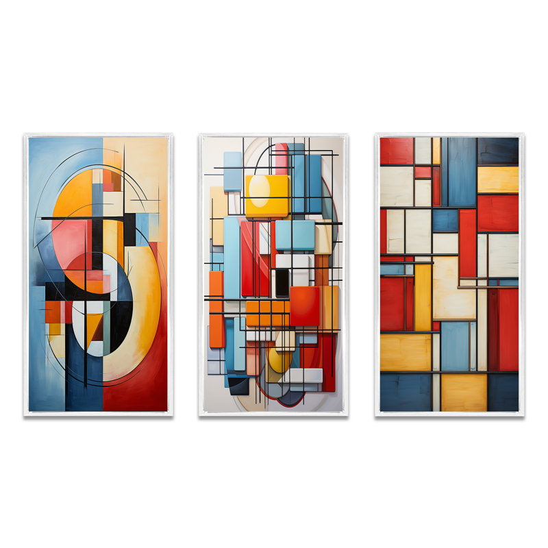 «Geometric Abstraction Focus I», ensemble de 3 impressions, Cadre blanc, H 32 po x l 48 po