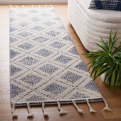 Gulielma Hand Loomed Wool/Cotton Geometric Rug in Blue/Ivory
