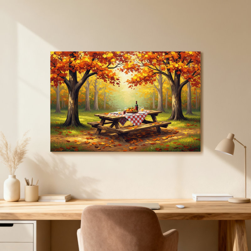 Plantes et fleurs, arbres d'automne, table de pique-nique, feuilles, soleil, scène naturelle, H 12 po x l 18 po, Toile tendue