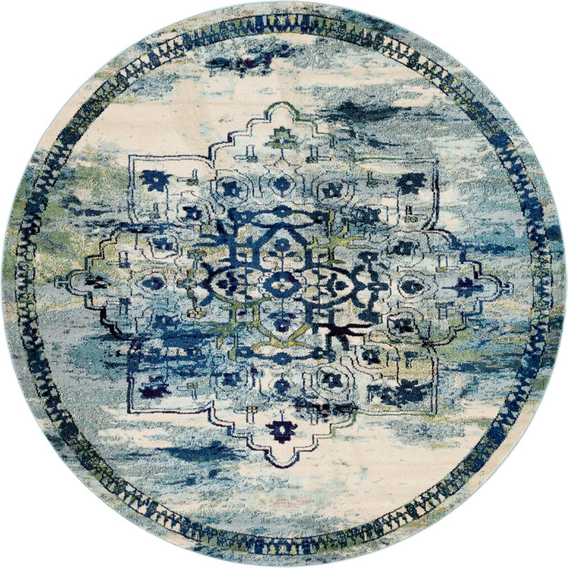 Tapis bleu tissé à la machine Holker, Rond 8 pi
