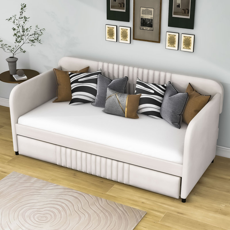 Dhanisha Twin Size Upholstered Daybed With Twin Size Trundle, Beige