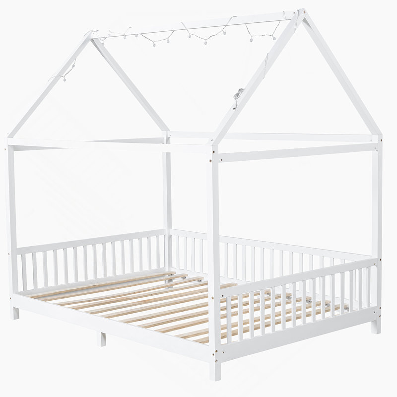 Lit double en bois avec garde-corps et DEL, bois, blanc, Double