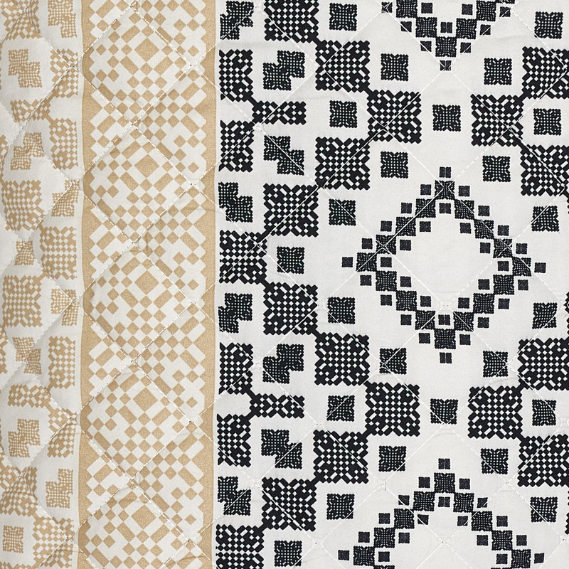 King Size Black and Taupe Geometric Polyester Quilt Set