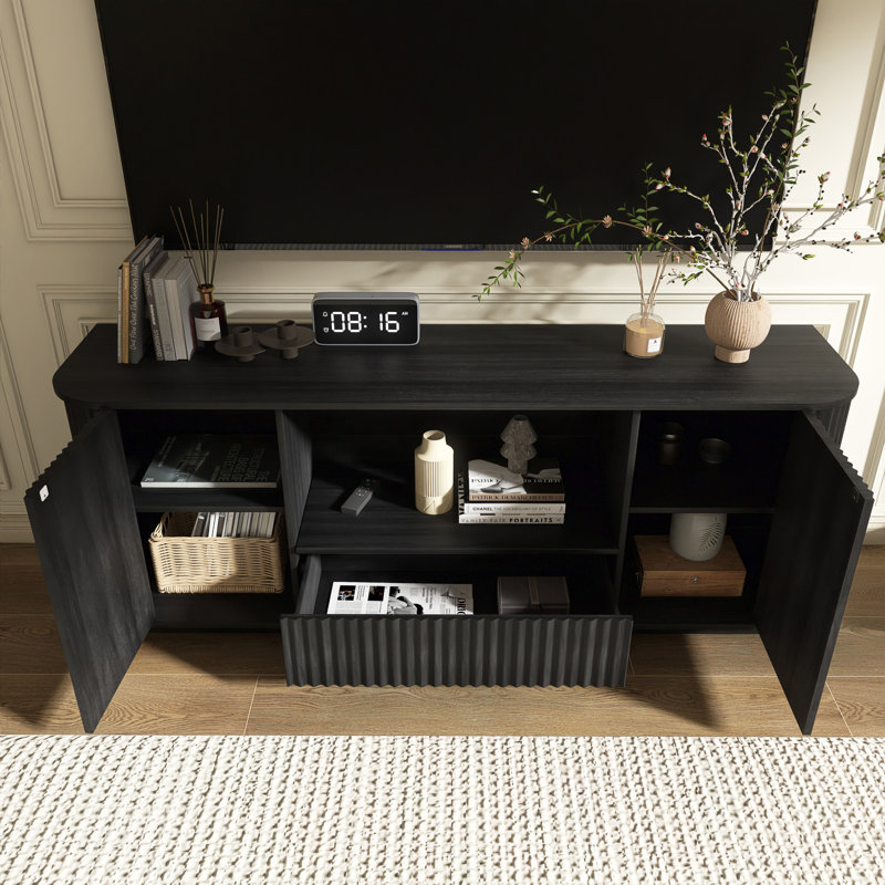 64" Modern TV Stand With Drawer,Shelves, Black