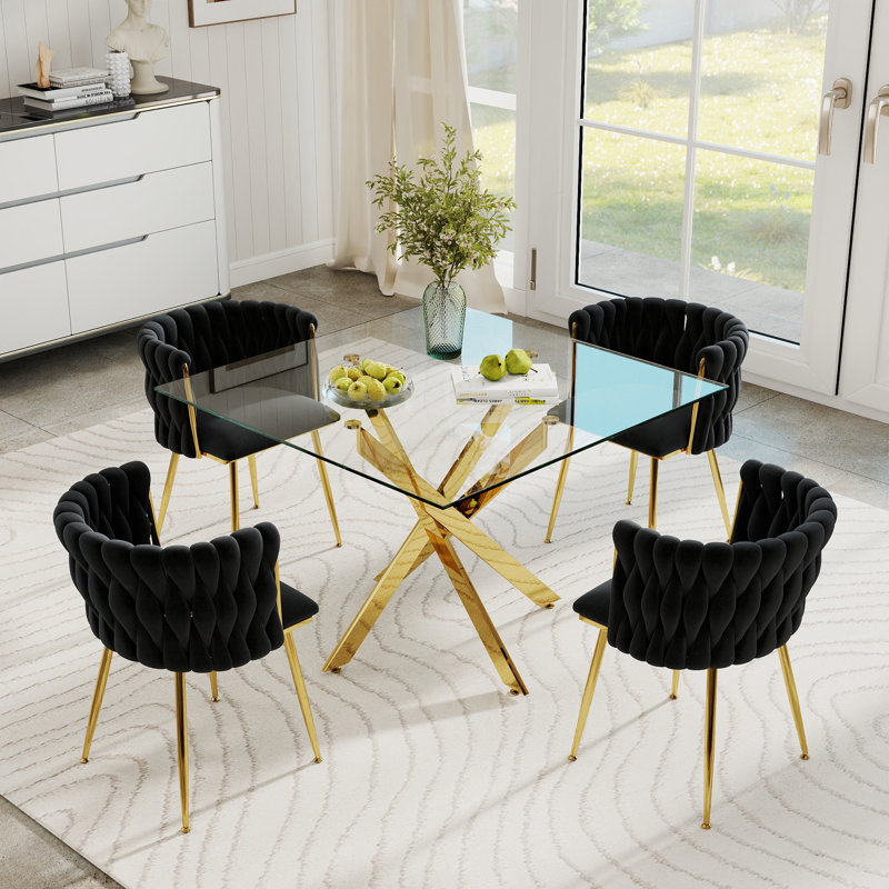 Square Pedestal Dining Set with Woven Dining Chair, 5 Piece: Table, 4 Chairs, Black, Gold