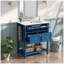 Meuble-lavabo sur pied de 76 cm avec lavabo en céramique, tiroir basculant, 2 tiroirs et tablette ouverte à lattes, porte-serviettes réversible, poignées argentées, bleu marine, MDF