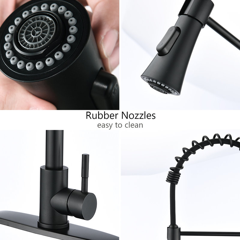 Robinet de lavabo à plaque de comptoir noir mat pour la cuisine - rouille, douchette rétractable, acier inoxydable massif 304, débit maximal de 18 gallons par minute et fabrication en acier Scratch