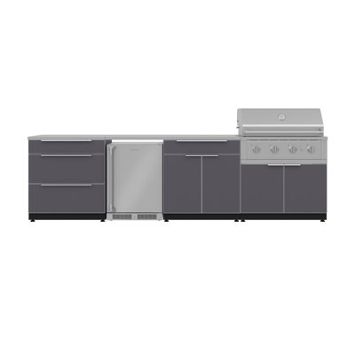 Ensemble de cuisine extérieure en aluminium noir, 7 pièces, comprenant un meuble à 3 tiroirs, un bar, un meuble pour barbecue, un barbecue haute performance au propane de 91 cm, des comptoirs en acier inoxydable et un réfrigérateur à porte en acier inoxydable.