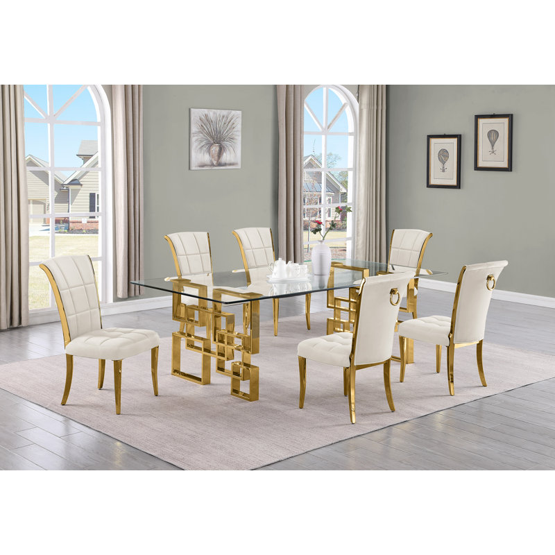 Solie Large Rectangular 95'' L x 46.00'' W Glass Dining Set with Velvet Chairs, 7, Cream/Gold, Gold