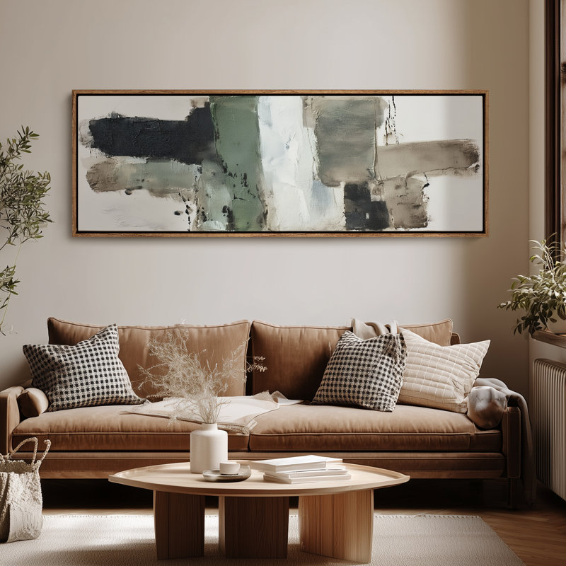 Art mural moderne avec blocs abstraits verts et noirs modernes, H 20 po x l 60 po, Naturel