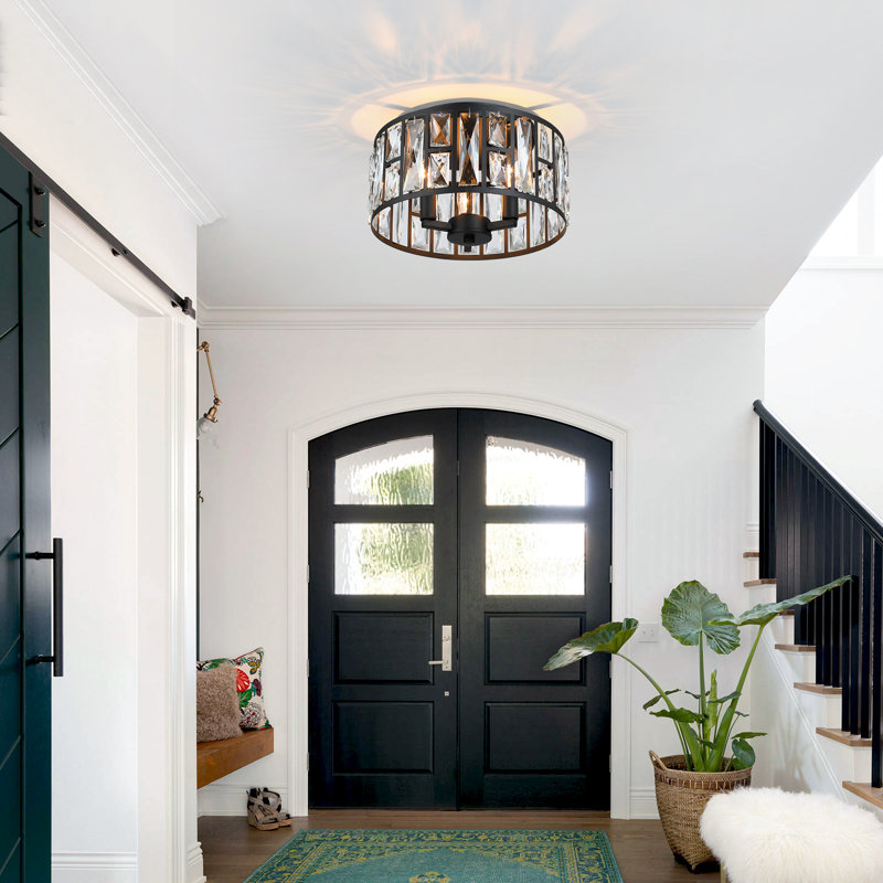 Black Metal and Crystal 12" Flush Mount Ceiling Light