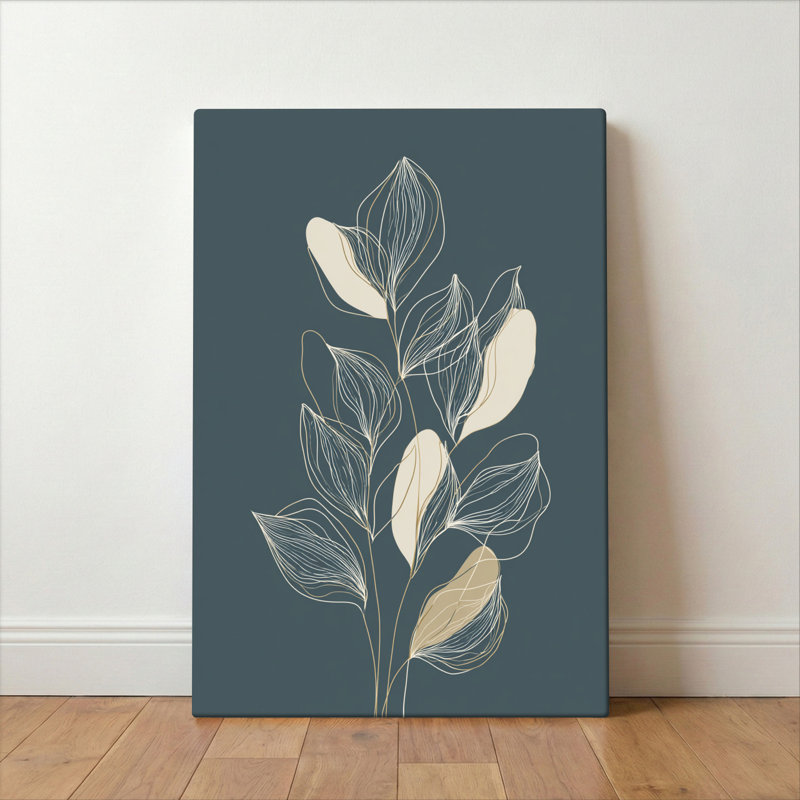 Nordic Minimalist Botanical Linework Wall Art Home Decor, Elegant Stems In Deep Teal And Warm Beige On Wrapped Canvas, Premium Canvas Print - Wrapped Canvas Print
