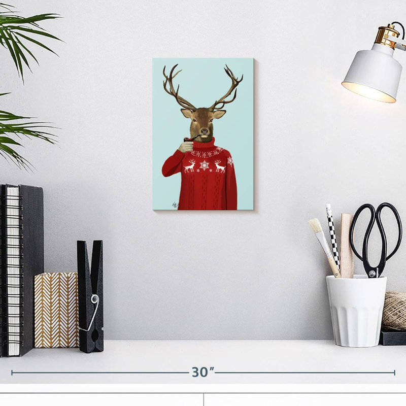 Cerf dans un chandail de ski Brampt, H 12 po x l 8 po
