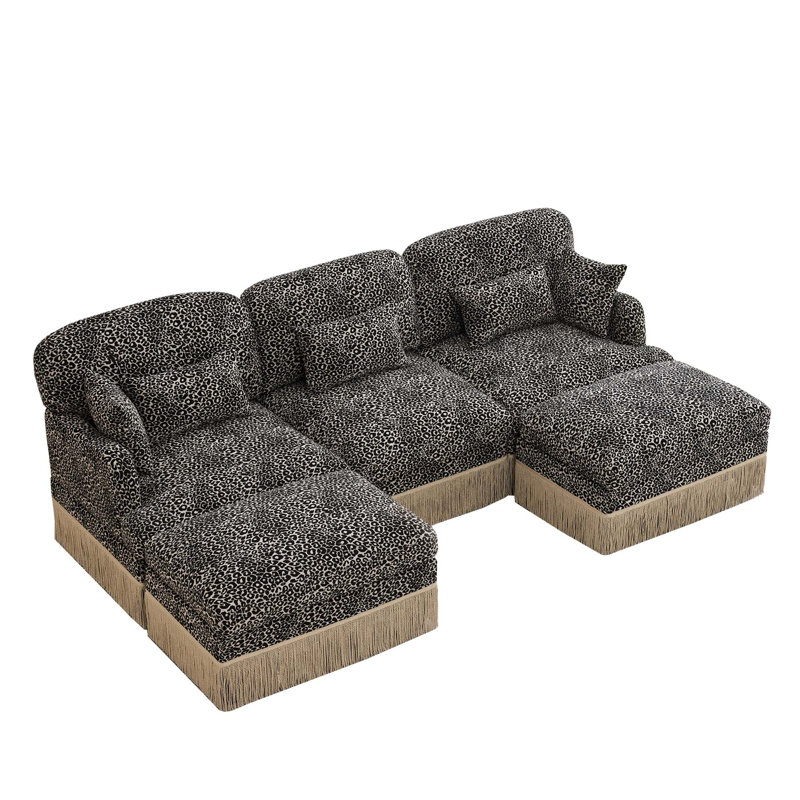 Canapé modulaire moderne en chenille à imprimé léopard avec design ergonomique, Black, 34.6" H x 131.5" W x 33" D