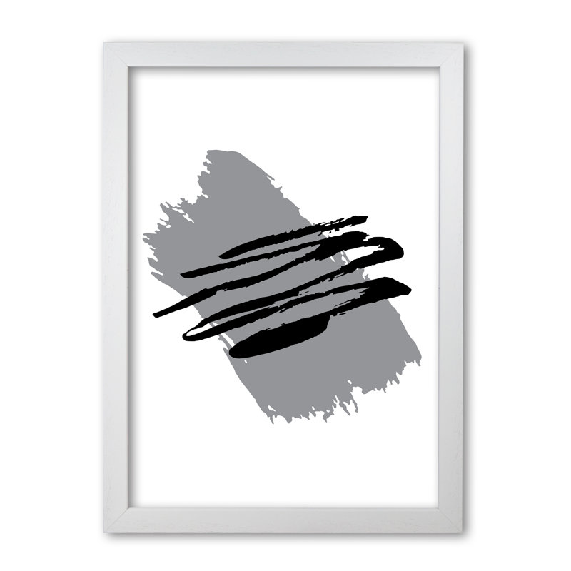 Grey Jaggered Paint Brush Abstract - Print, 42 cm H x 30 cm W x 5 cm D, White Grain Frame