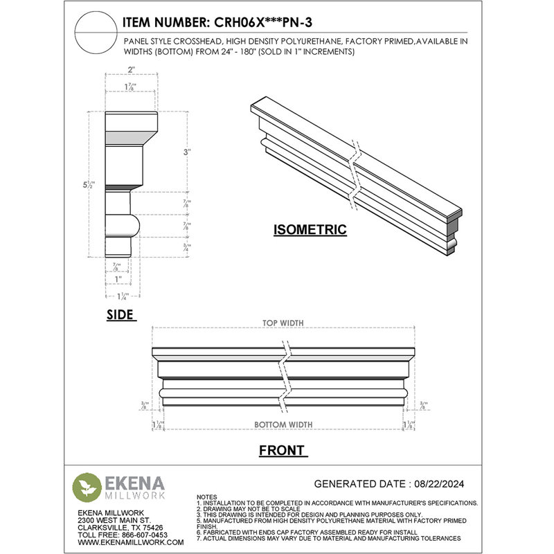 Endurathane Panel Crosshead, 100" Bottom Width x 102" Top Width x 5 1/2"H x 1"P, Factory Primed, 100 inches