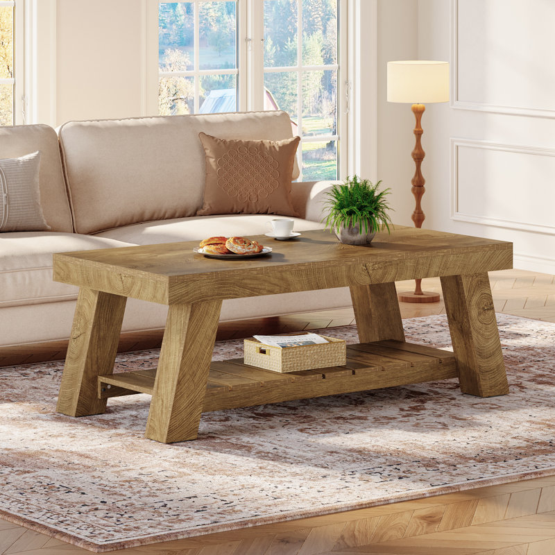 47.24" Farmhouse Rectangular Coffee Table for Living Room, 2-Tier Rustic Accent Table with Storage Shelves