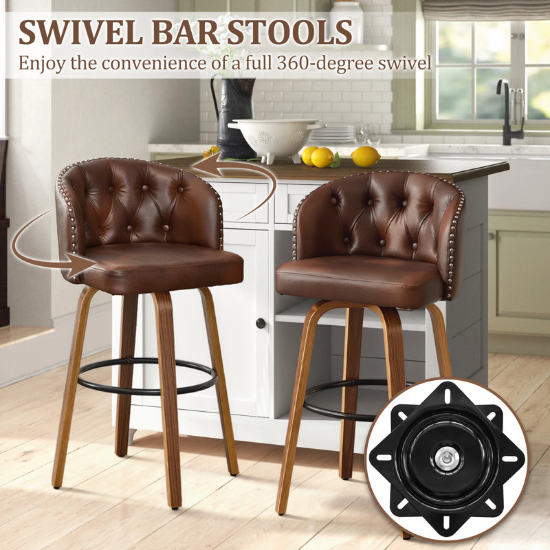  Swivel Brown Faux Leather 28.2'' Counter Stool with Solid Wood Frame, Bar Stool (29.1" Seat Height), Brown