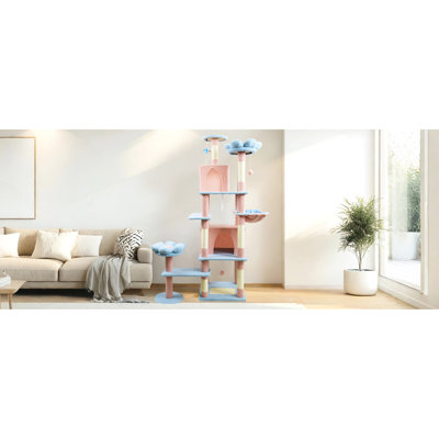 Blue 71 - Inch Cat Tree With Flower Feature, Large , Removable Cushion And , Charming For Cats' , 8 Level Climbing, Wide Scratching Options Tree, Enchanting Floral Look, 72" Tall Multi Horizontal