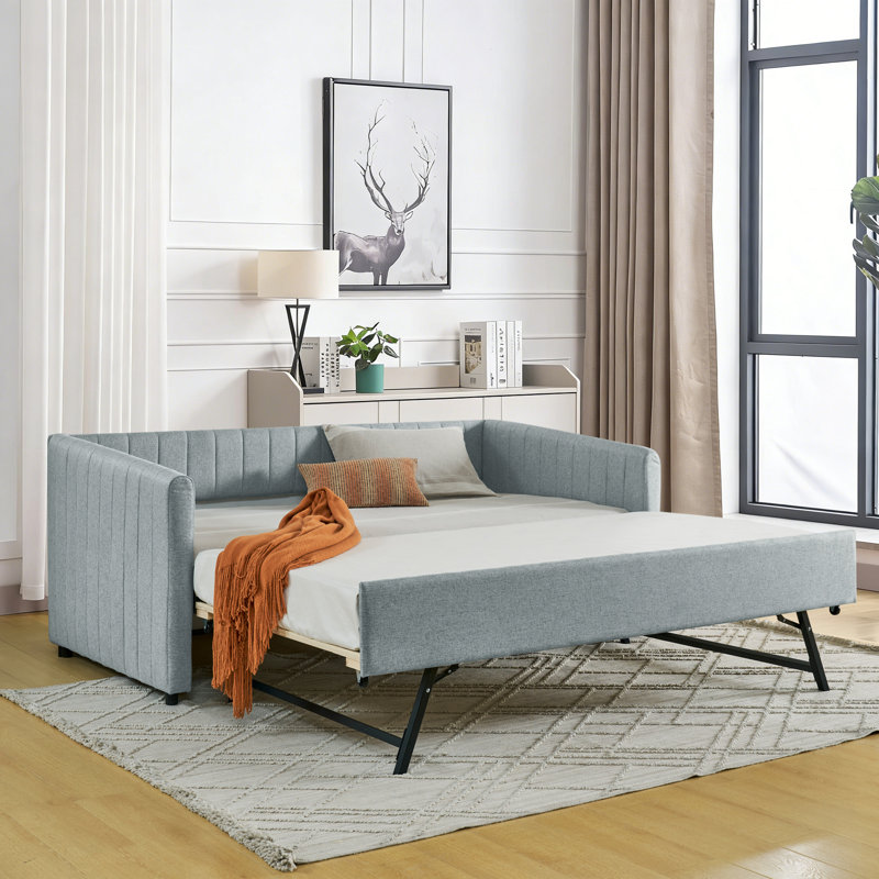 Twin Daybed with Extendable Trundle, Modern Twin Size Day Bed with Pull Out Trundle Bed, Upholstered Sofa Bed, Linen Furniture for Bedroom Living Room Guest Room, No Box Spring Needed