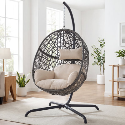 Oversized Hanging Egg Porch Swing Chair with Stand and Cushions