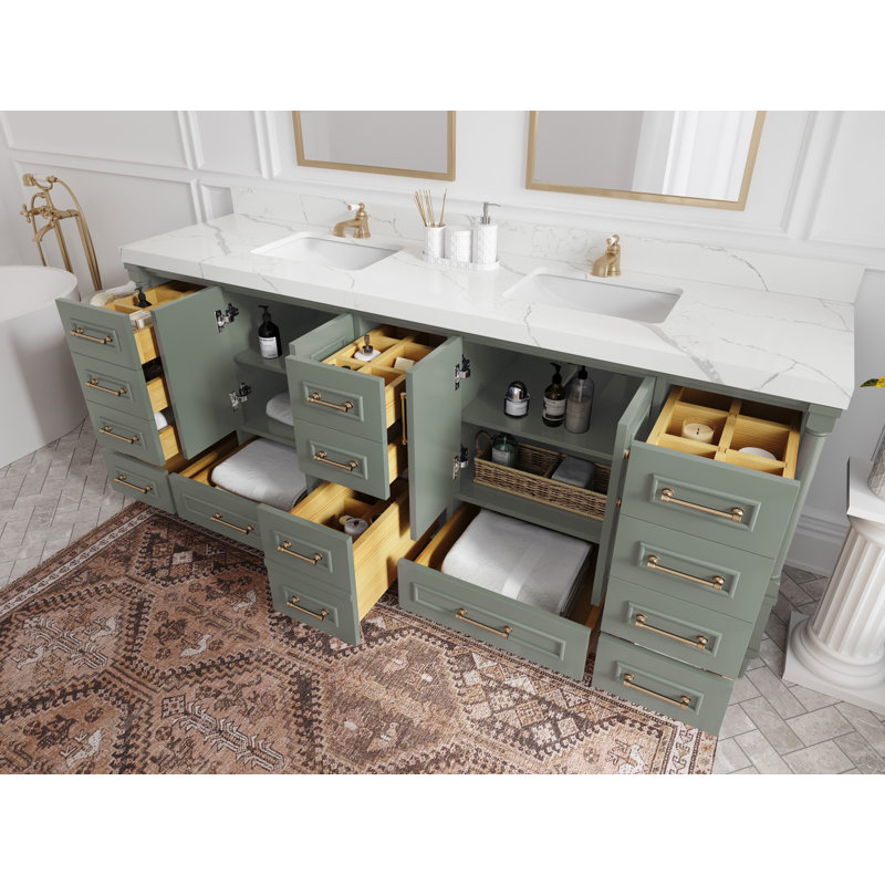 Aberdeen 84'' Double Bathroom Vanity with Quartz Top, Empira White Quartz, Evergreen