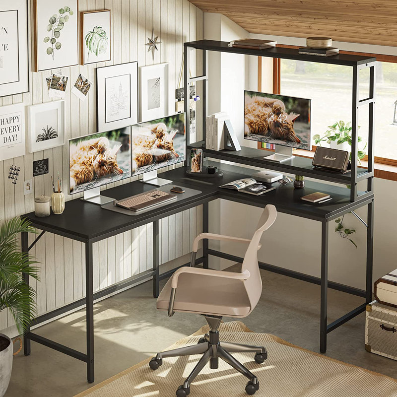 Bureau en U avec rehausse Uchida, Noir