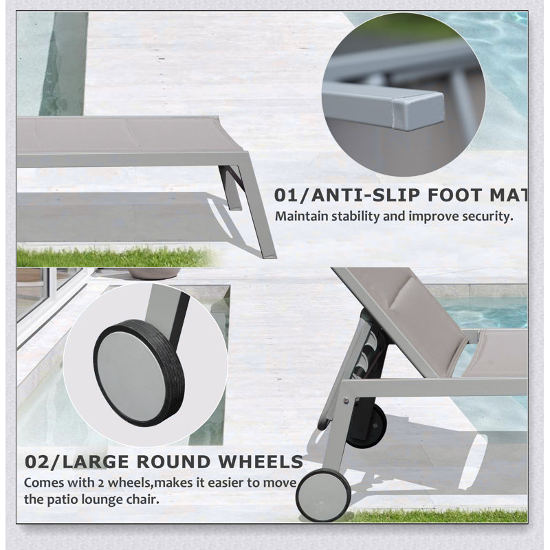 Outdoor Patio Chaise Lounge Set of 3, Aluminum Pool Lounge Chairs with Side Table and Wheels, Light Gray