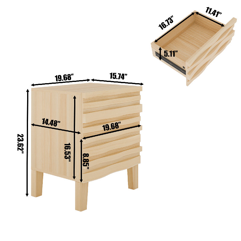 19.7“w Solid Wood Drawers Nightstand, Ivory
