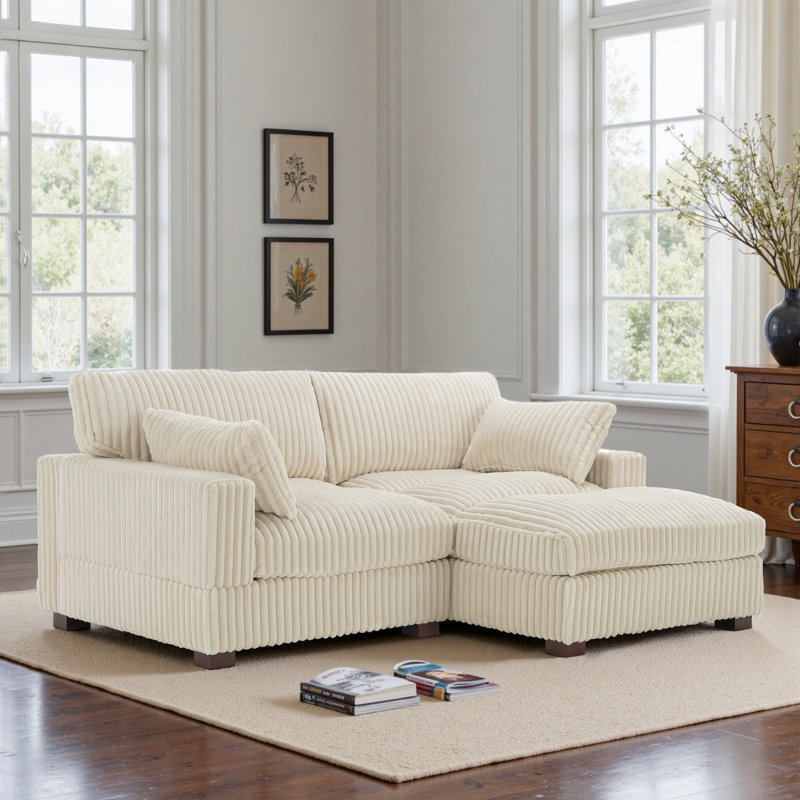 2 - Piece Upholstered White Faux Rabbit Fur Flannel Reversible Modular Sofa Living Room Sectional Couch with Pillows, White