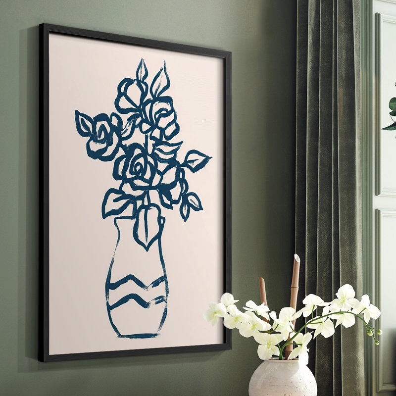 Navy Plant Sketches I Framed Print - Solid Wood, Black, 20" H x 16" W