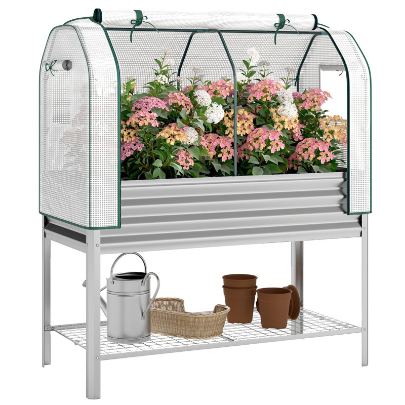 Elevated Planters with Storage, Galvanized Metal Greenhouse Cover, Outdoor