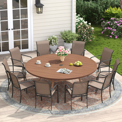 Lehigh 10-Person Patio Dining Set with 63" Round Dining Table and 10 PVC-coated polyester Dining Chairs