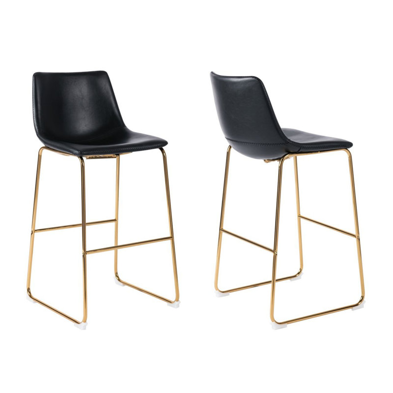 Stitched Black Faux Leather Bar Stool With Gold Sled Base, Black, Counter Stools (26" Seat Height)