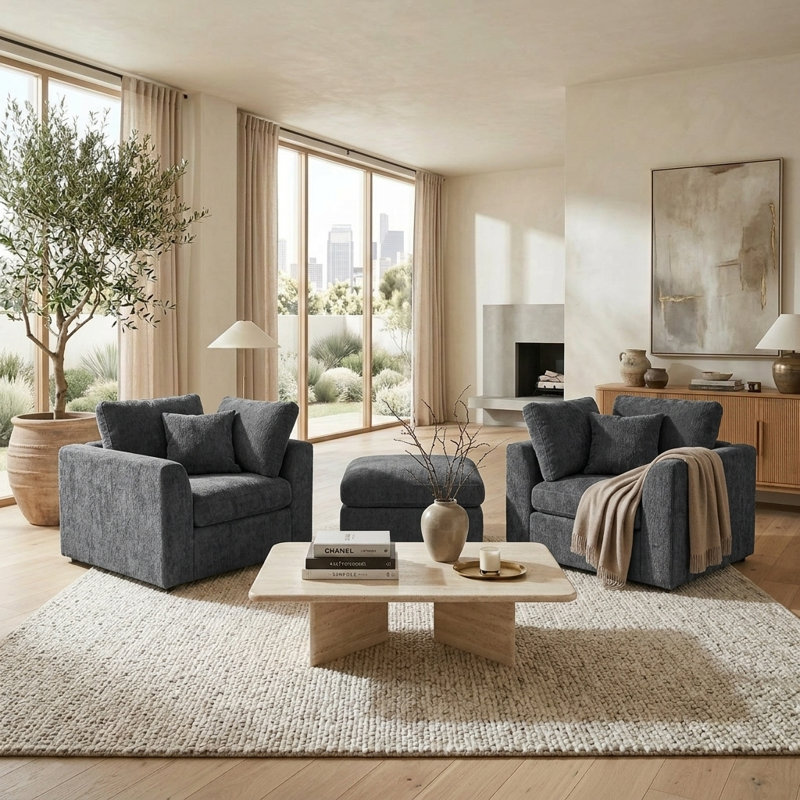 Ensemble de chaises d'appoint 3 pièces, 2 fauteuils rembourrés en chenille avec repose-pieds mobile, ensemble de chaises longues avec cadre en bois massif, comprend 2 coussins décoratifs, ensemble de mobilier de salon moderne