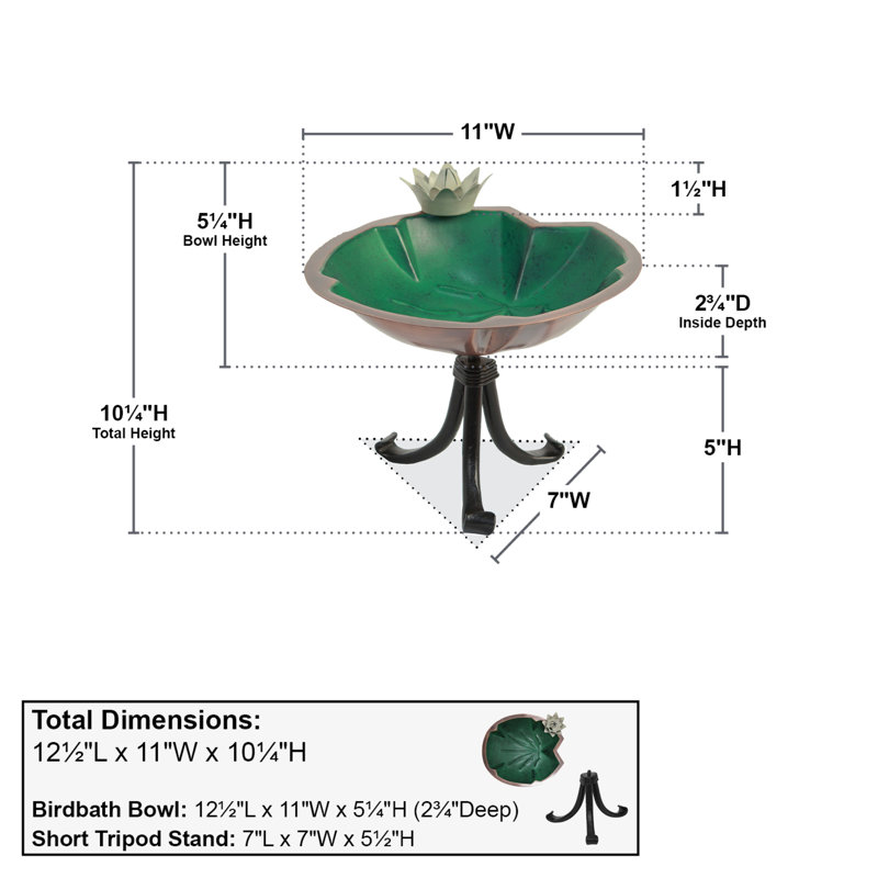 15" Green and Copper Metal Lily Pad Birdbath with Iron Stand