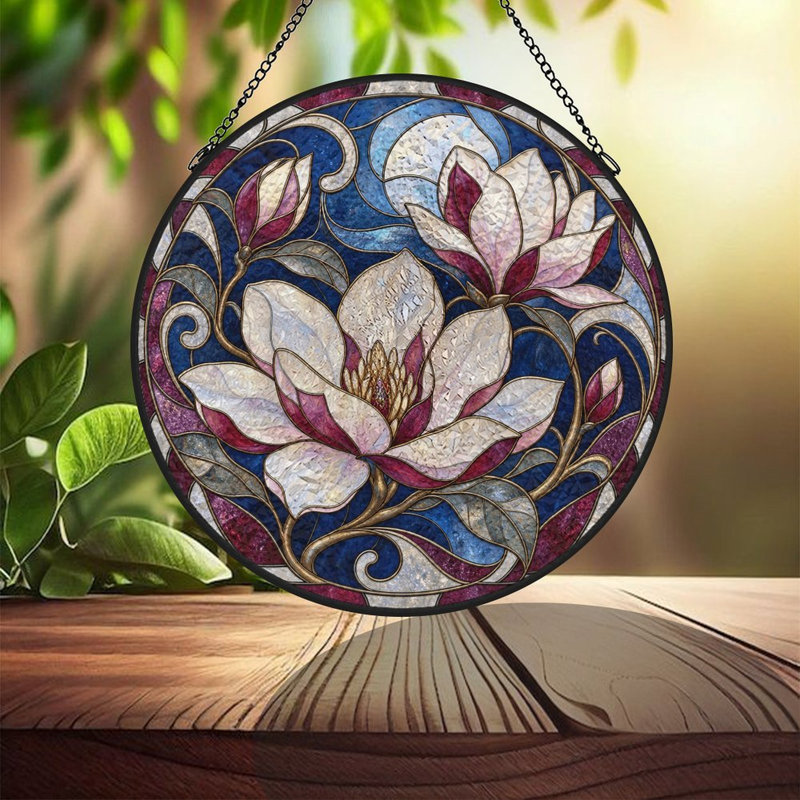 Vitrail Fleur de magnolia, impression d'art circulaire, panneaux de vitrail, attrape-soleil pour la décoration de fenêtre