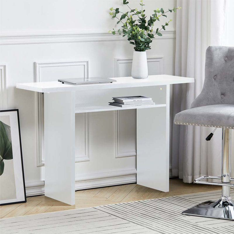 Emar 120Cm Narrow Rectangular Console Table with Storage Shelf, White, White