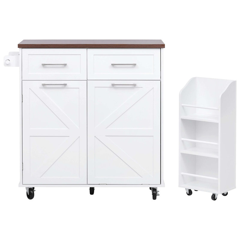 47.2" Farmhouse Kitchen Island With Drop Leaf, Kitchen Storage Island With Removable Side Racks, Two Drawers, Rolling Kitchen Cart On Wheels With Towel Rack, For Home, Kitchen, Dining Room