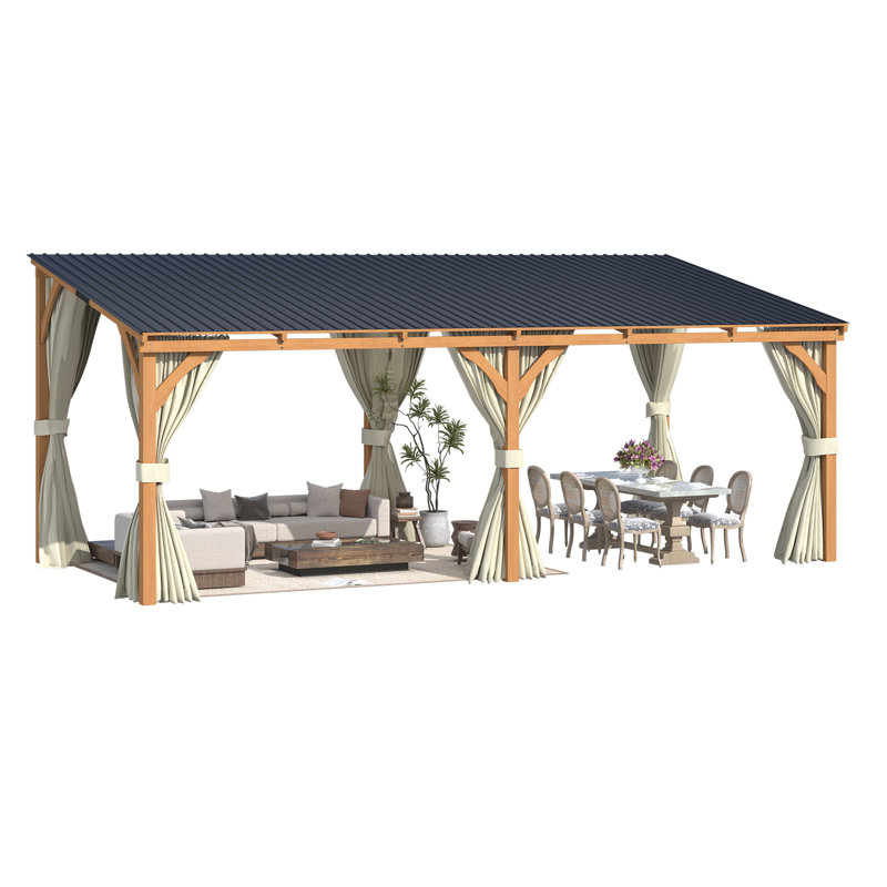 Pergolas et abris de jardin à toit rigide d'extérieur avec rideaux et moustiquaire, H 96,5 po x l 234 po x P 115 po