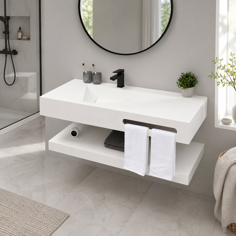 Lavabo de salle de bain flottant mural en résine 48 po avec vasque en forme de V, tablette ouverte et siphon en P inclus