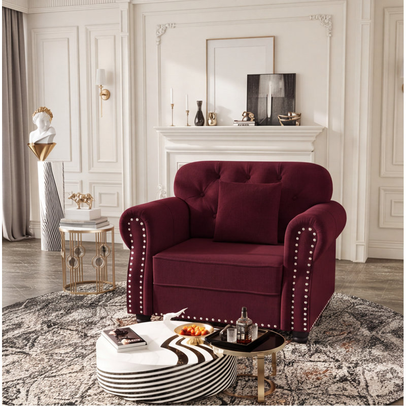 Canapé en velours Chesterfield de 41,3 po de style Mid-Century avec garniture cloutée, accoudoirs roulés, capitonné, bourgogne (comprend 1 oreiller)