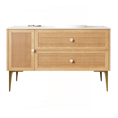 Armoire de salle de bain autoportante en contreplaqué de grain de bois clair de 48 po avec comptoir en pierre frittée blanc de Carrare, deux tiroirs et une porte, sans lavabo, sans robinet ni couvercle de lavabo