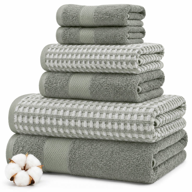 Ensemble de serviettes modernes 100% coton peigné jacquard en fils peignés Drucilla Modern, Vert minerai